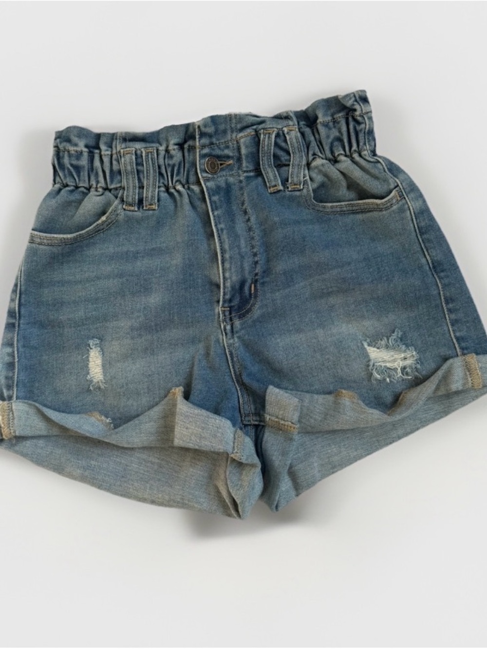 High Waisted Paperbag Denim Shorts Cello Small Distressed Light Wash Cuffed Mom